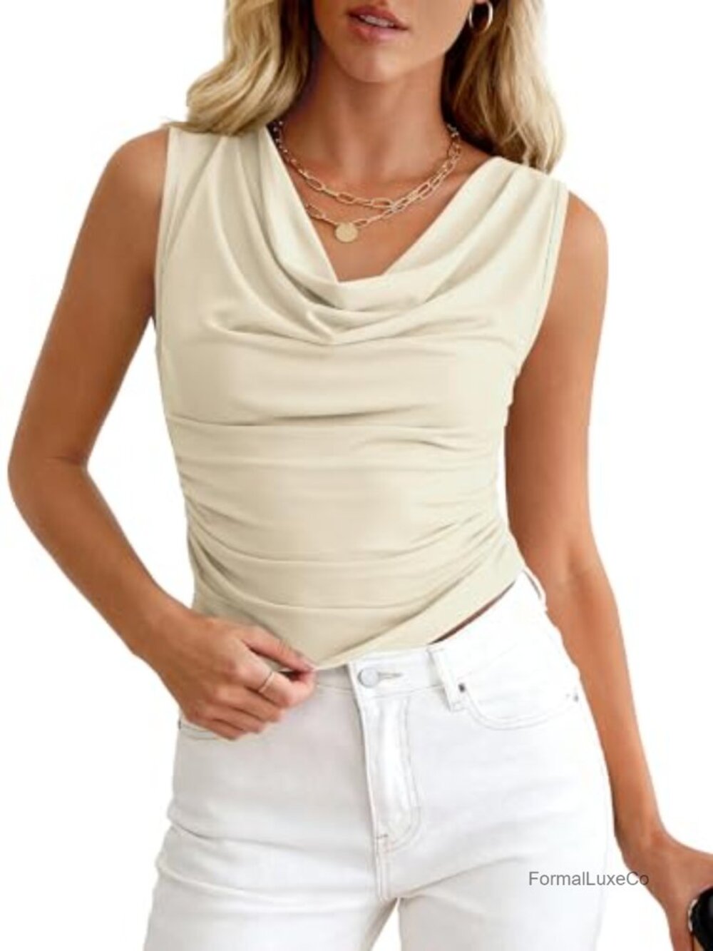 Womens Cowl Neck Tank Top Sleeveless Slim Fit Summer Office Work Top